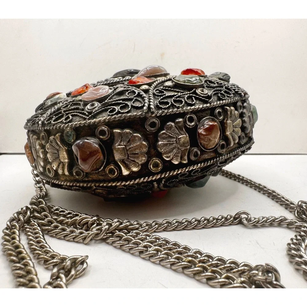 Vintage Sajai handmade‎ metal filigree with precious stones inlay & chain strap